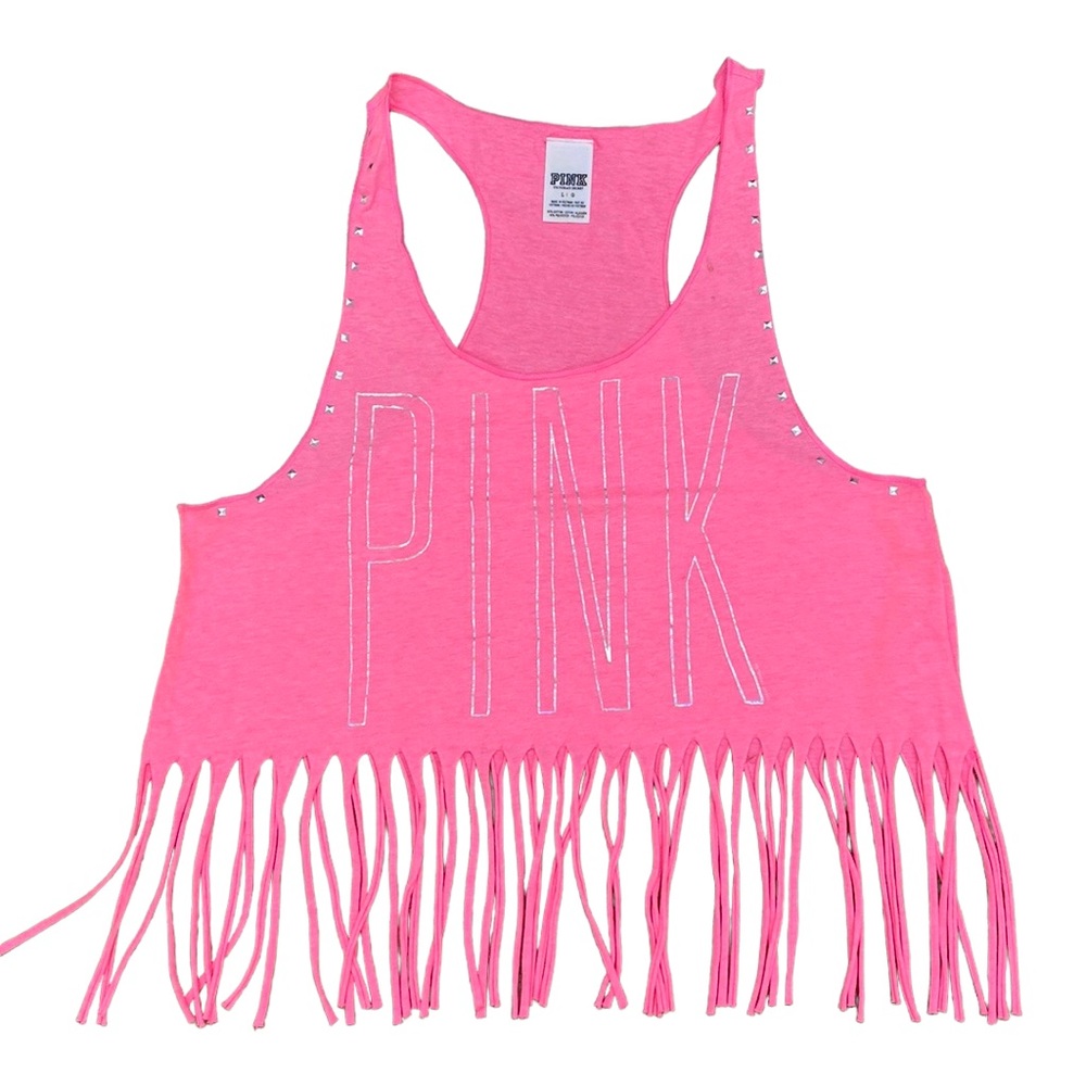 PINK Racer Back Fringe Muscle Tee Tassels Bling Studs Shiny Logo, Neon P…